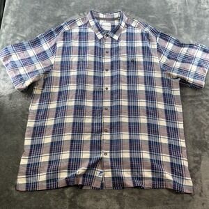 Tommy Bahama Men's Plaid Camp Shirt Silk Blend Blue Red 2XB Casual
